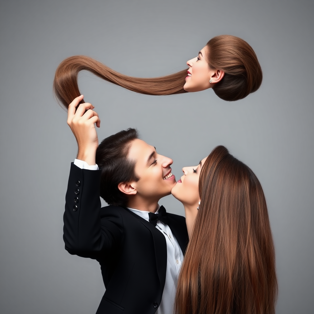 A surreal image of a smiling male magician holding up the disembodied head of a very long-haired Kate Middleton. He is grabbing her very long hair and pulling it up high in the air, while her head is hanging by her hair from his grasp to display it to the camera. Plain gray background. He is kissing her on the lips.