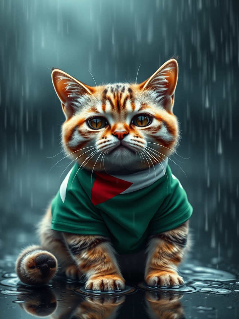 Create a realistic 4K image of a cat wearing a shirt featuring the Palestinian flag, sitting in the rain with a deeply sorrowful expression. The cat is crying heavily, with large tears streaming down its face, capturing the depth of its sadness. The background should depict a rainy atmosphere, with water pooling around the cat and raindrops falling around it. Emphasize the cat's emotional distress, showcasing the details in its fur and the glistening tears, to evoke a powerful sense of empathy and heartbreak.