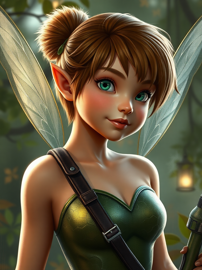 Create a detailed hyper-realistic digital painting of Tinkerbell with the body type of Leon Kennedy from Resident Evil, keeping her head intact while modifying the silhouette to reflect this change. Design a background that harmonizes elements from both Tinkerbell's magical world and the action-packed universe of Resident Evil, ensuring a seamless blend that complements both characters.