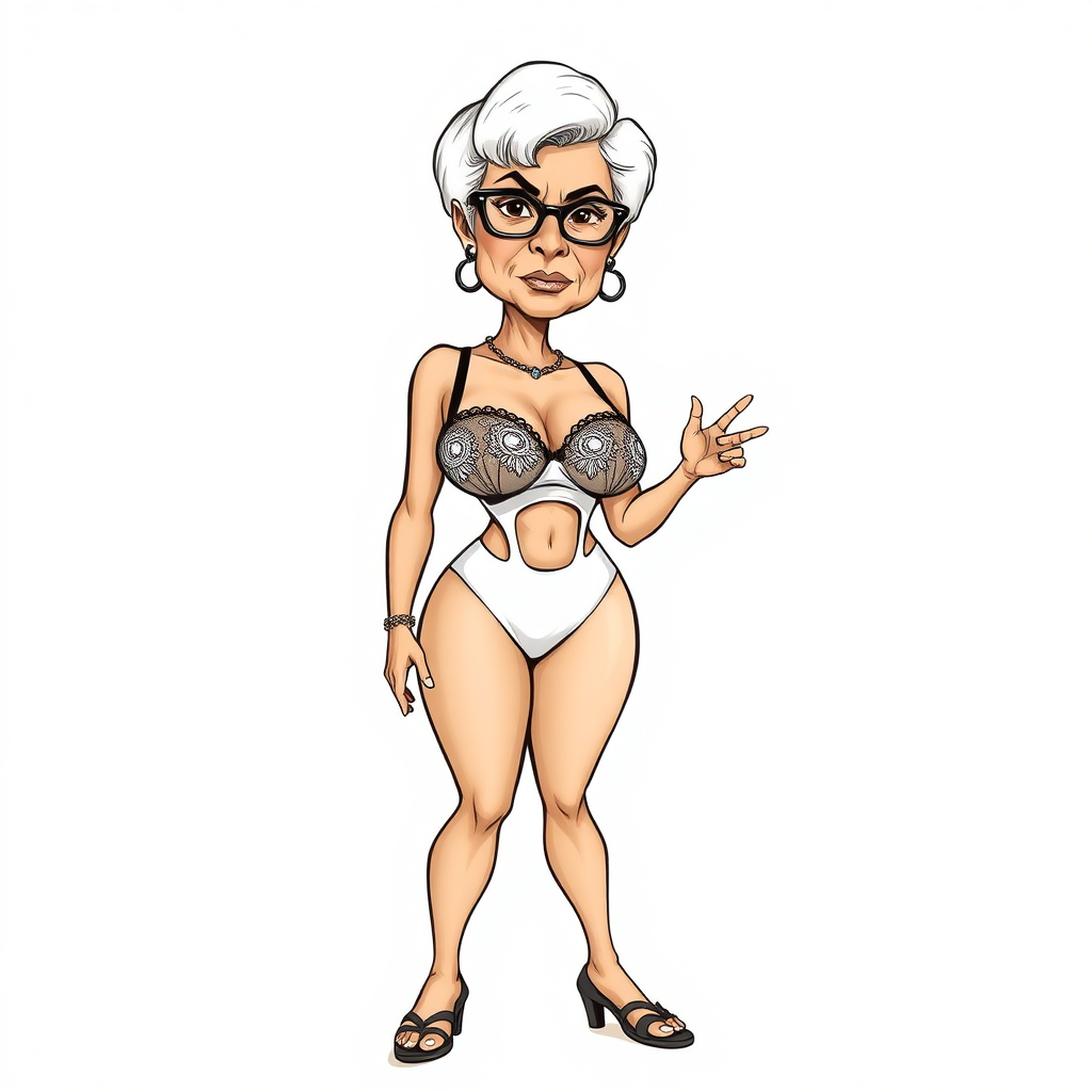 a towering 55 Years old, fit, slim, European, Latina, sharp aquiline nose, wrinkles, high cheekbones, Middle Eastern, Skinny, Tanned skin, Dark light skin, Rounded Medium breasts, Skinny thighs, full Makeup, jewelry, Serious face, Sharp nose, Ash hair, short bowl haircut, Brown eye color, Glasses, with detailed features. she is wearing embroidered black mesh balconette bras and a tight white high cut 1980s mesh cut out swimsuit, detailed fabric. full body, high heels sandals, she is gesturing at the viewer, sweating, long establishing shot, 2D, caricature, cartoon, Sketch lines, coloring book, nlack and white, coloring book style on white background, well composed, clean coloring book page, No dither, no gradient, strong outline, No fill, No solids, vector illustration, realistic proportions