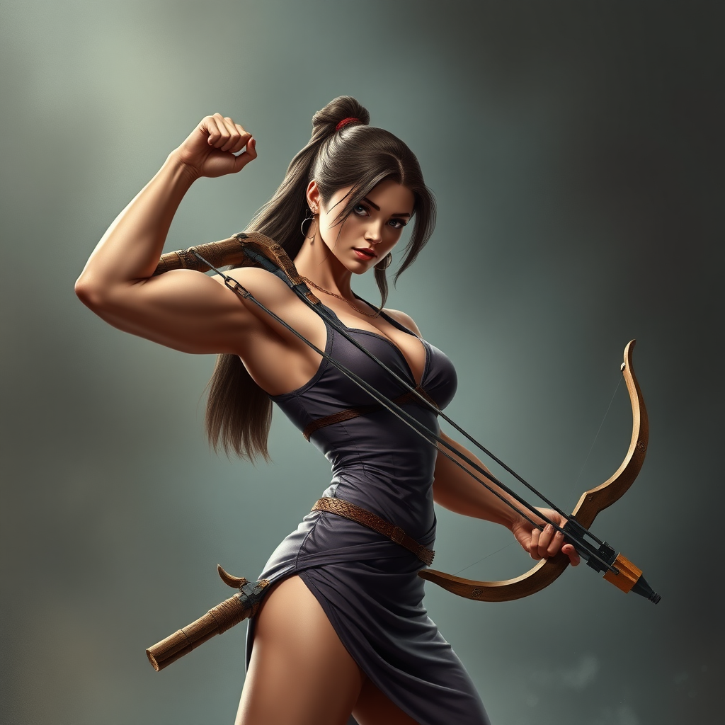 strong massive huge muscular bodybuilder girl, sleeveless dress, crossbow