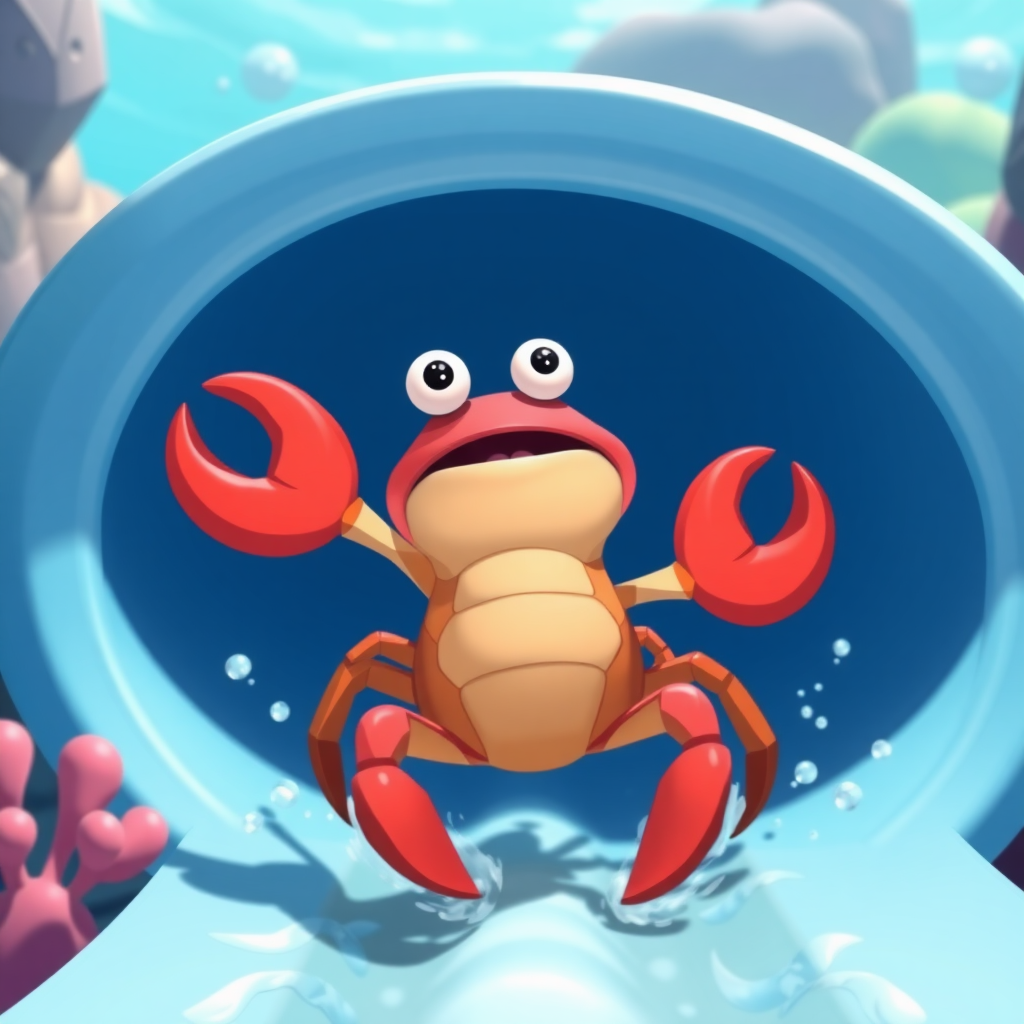 A cartoon crab riding on his back down a water slide