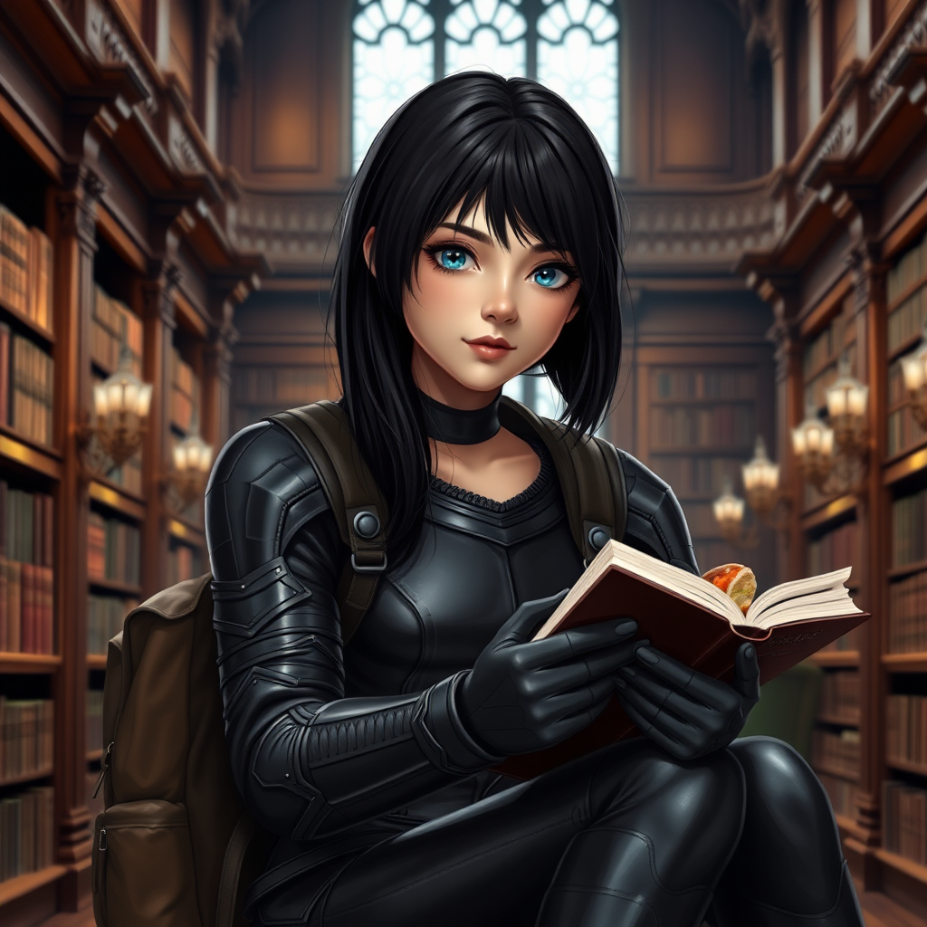 beautiful young woman, dark hair past her shoulders, blue eyes, small, slim figure, wearing full leather armor suit, sitting, reading book, a sandwich and backpack, in a grand old library.