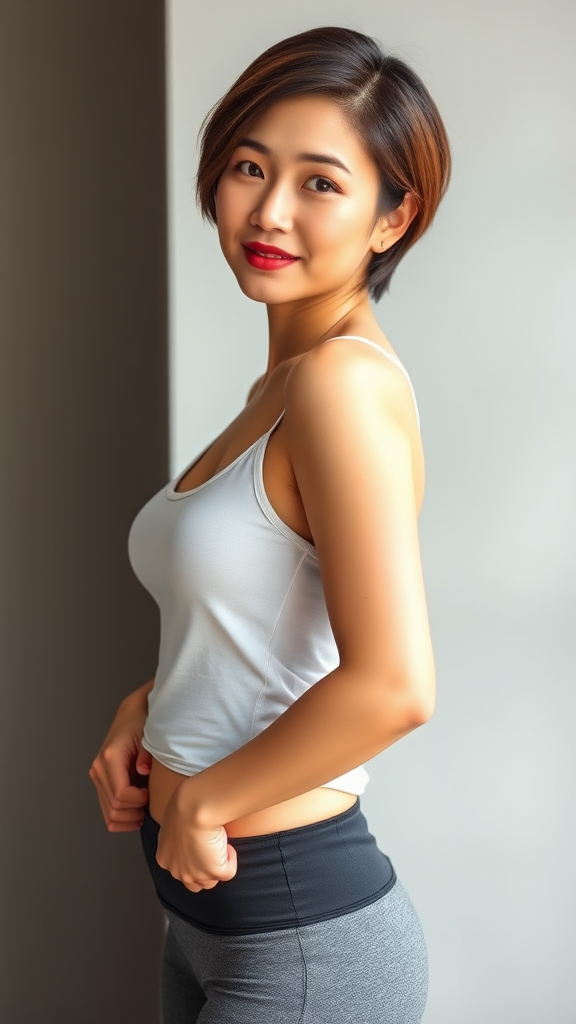 A beautiful Chinese woman, short hair, curvy figure, small breasts, yoga pants, tank top.