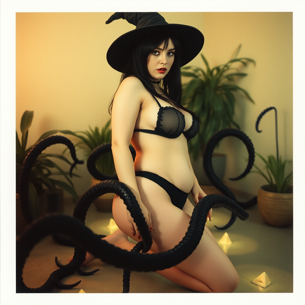 An old polaroid photo with a color tint to the photograph and visible light leaks. The photo depicts a sexy alt goth girl with pale skin and black hair. She has a plump booty. She has large breasts with ample cleavage and she is wearing a skimpy thong. The fabric of her thong is skimpy and black and barely covers her and her bra is translucent and black. She is in a photography studio with artistic lighting and plants are all around her. She is wearing a witch hat. She is restrained and surrounded by black tentacles coming out of magic glowing pools of water on the floor, grabbing her arms and legs.