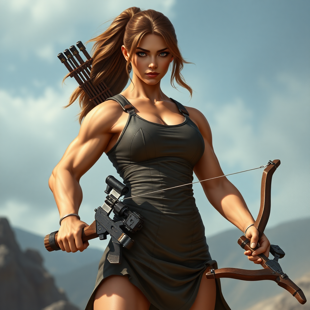 strong massive huge muscular bodybuilder girl, sleeveless dress, crossbow