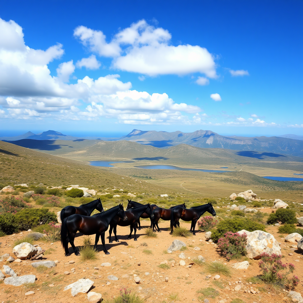 Long high plateau with its dark wild ponies, Mediterranean vegetation with rockrose, myrtle, oaks, junipers, with small lakes and large rocks and a blue sky with white clouds.