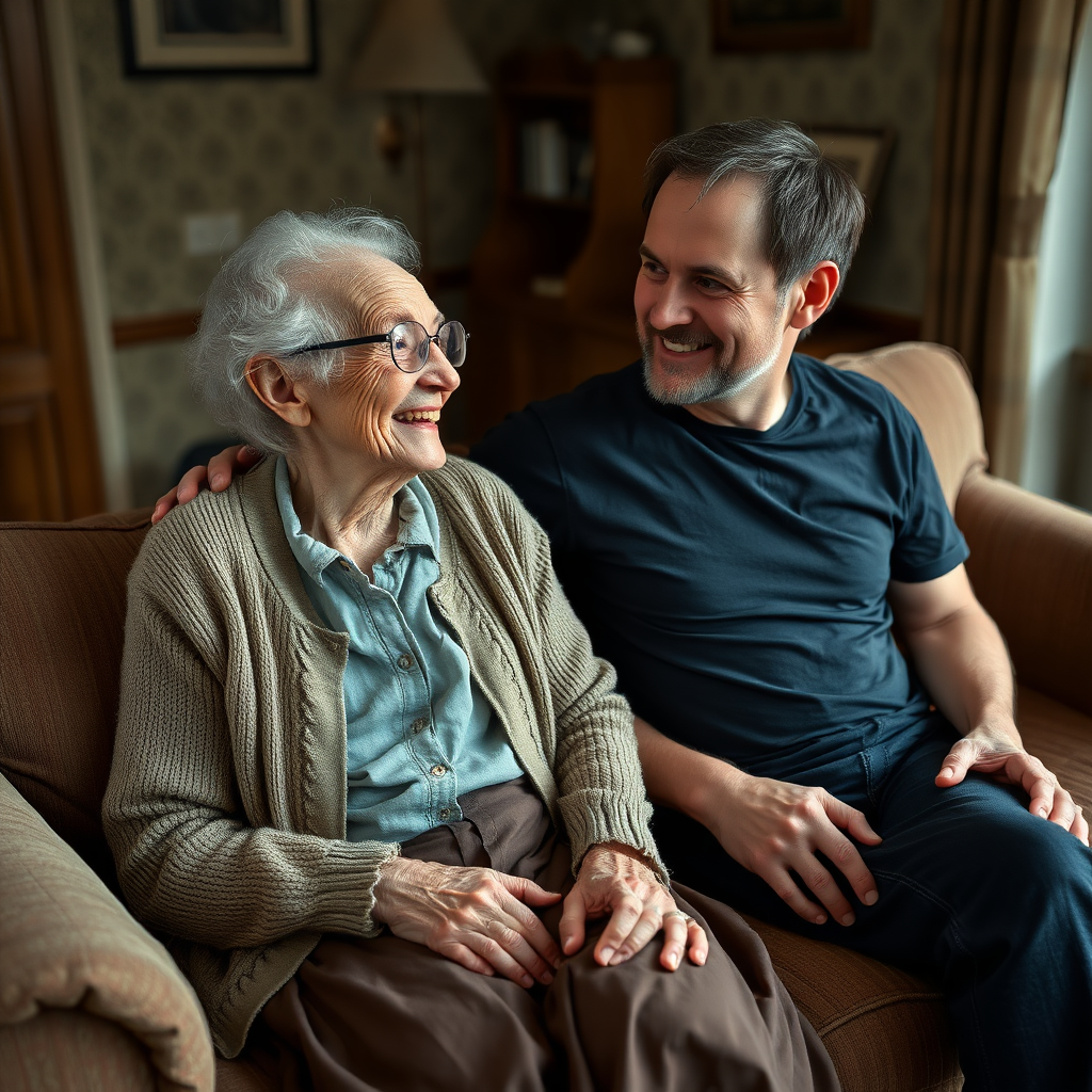 In a scene viewed from an angle and slightly above: In an old-fashioned English living room, a very frail and thin, very elderly English lady with a kind smile, short, thinning white curly hair, wrinkled face, neck, and skin, wearing thin framed glasses, an old cardigan, blouse, and long skirt is sitting on a sofa with an English man about 40 years old, grey stubble on his chin, brown hair, sitting close next to her on the same sofa, wearing a black T-shirt and dark blue jeans. The man and woman are smiling at each other. The woman is looking at the man's eyes and smiling. The man is looking at the woman's eyes and smiling.