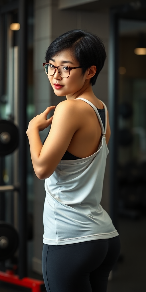 High-definition image quality, a Chinese woman, short hair, wearing glasses, A cup, full thighs, full buttocks, fitness tank top, black hair, full body shot, in the gym.