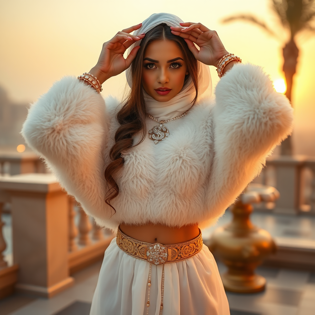 Kuwait desert palace harem patio misty dawn: Melissa, European 17 years old very convincing femboy “trophy-bimbo”, tamed servile docile, very beautiful feminine flawless face, rather short, by hormones very curvaceous womanly figured, heavily made-up eyes, wearing Supertanya-style fluffy very fuzzy bright white angora turtleneck-poncho cropped ending under bust decorated with pearls and gemstones, striking oriental wide gold bridal protection belt, white fully transparent harem pants, full Oriental bridal jewelry, face covered by white sheer full Burka, coin anklets, striking diamond “$$$” letter brooch on left chest, pout frustrated, seductively dancing hands over her head, looking at camera. Focus on face and turtleneck-poncho.