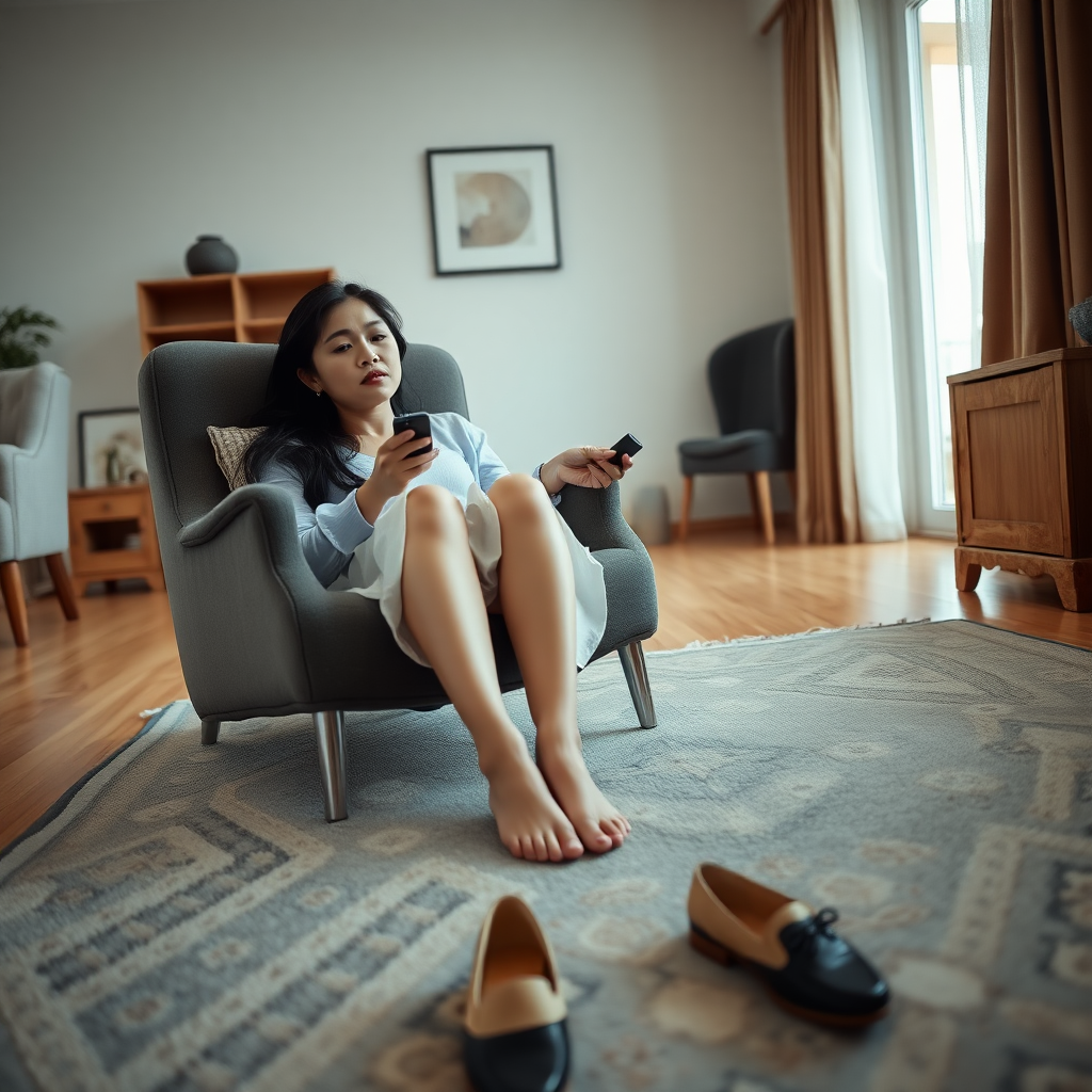 photo low angle full body shot beautiful xiaomeimei looking ahead. She is sitting on a chair in a living room. she looks tired. she holds a remote control. there rug on the floor in front of the chair. she is barefoot. her shoes lie on the rug