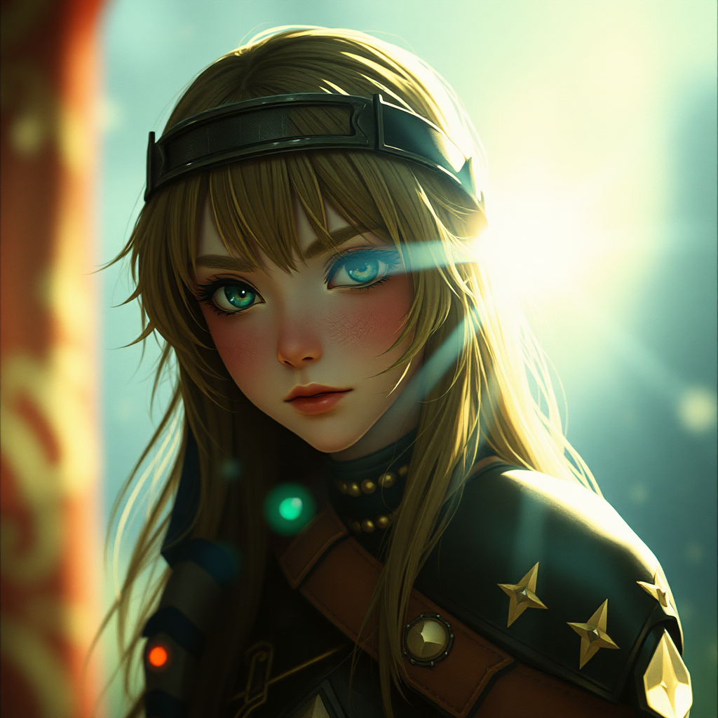 A girl like Deedlit from Record of Lodoss War. Hyper-realistic, film grain, lens flare, chromatic aberration