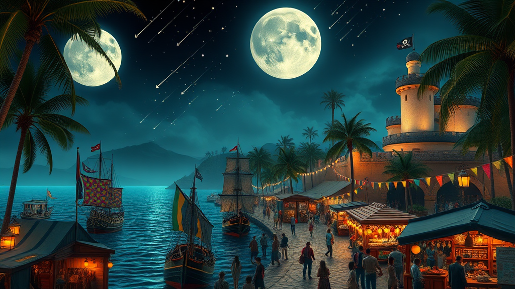 A photorealistic whimsical moonlit pirate harbor bustles with activity. Ships with colorful flags bob in the water, their lanterns glowing against the night sky. A lively marketplace lines the waterfront, filled with flamboyantly dressed merchants and curious visitors. Wooden stalls offer exotic goods under strings of colorful lanterns. Palm trees frame a large full moon, casting long shadows across cobblestone streets. A grand pirate fortress looms on a nearby hill, its Jolly Roger flag visible in the moonlight. Hidden among the palms, a secret cove reveals a notorious pirate tavern. The scene is bathed in an ethereal, magical quality, with fireflies dancing and the occasional shooting star streaking overhead.