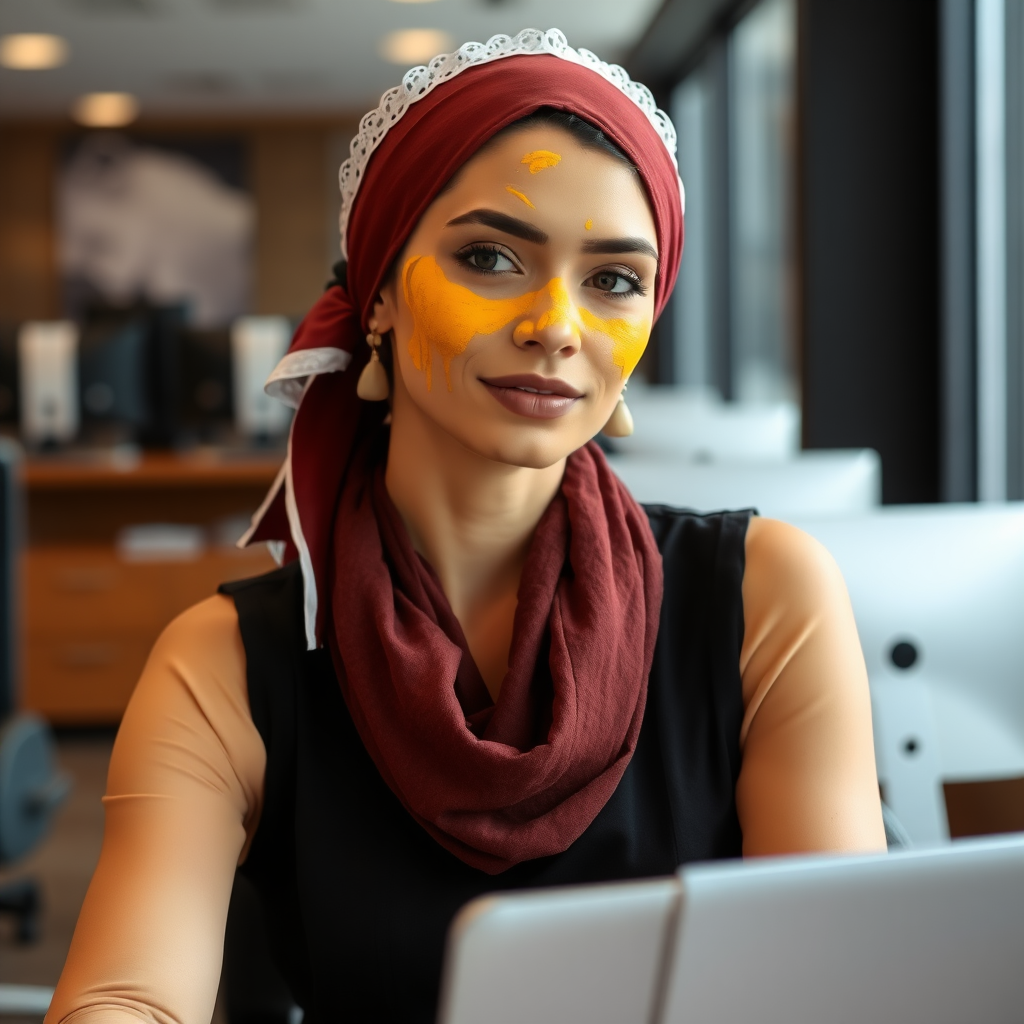 slim, modern, french maid, scarf head, turmeric paste on face, working in office