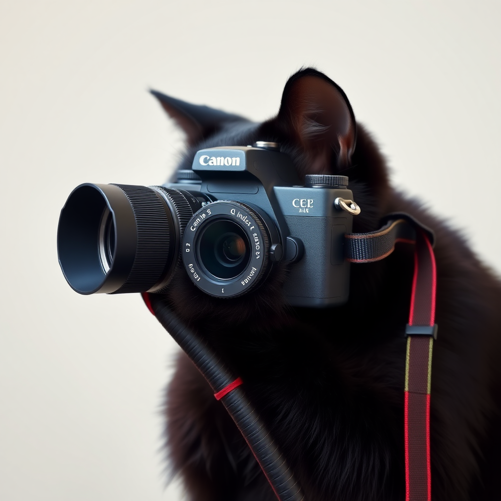 A black cat is taking pictures with a camera named "Canon".