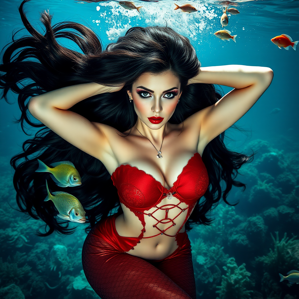 Vampirella as a fit and trim mermaid underwater amazing loose flowing hair floating in a nimbus around her beautiful face her arms outstretched languidly over her head. she's looking down into the viewer's eyes making intense eye contact. modesty protected by fish. Burlesque. Stunning undersea life details plants and fish and other creatures of the sea. Amazing HD DSLR photographic output.