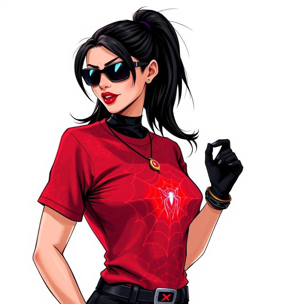 A 26-year-old mystical corporate hero hunter with a sleek black ponytail, maximum red lipstick, dressed in a maximum red t-shirt adorned with intricate neon red web patterns, equipped with black gloves, and wearing black-lensed shades and a mystical glowing red gemstone amulet featuring an intricate web design, posing flirtatiously against a solid white background. She is drawn as if she was in a retro 2D cyberpunk fighting game.