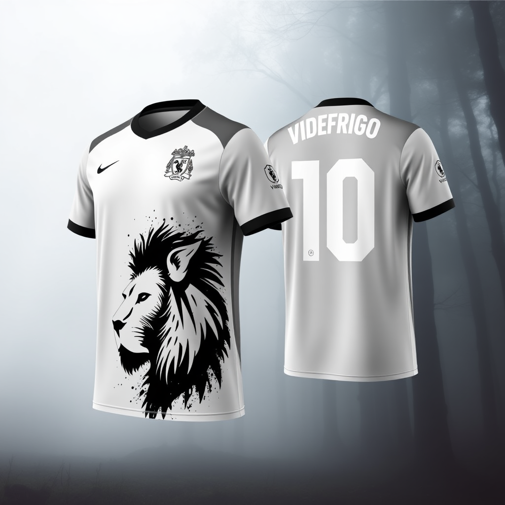 Create an image of a black and white soccer jersey showing both the front and back. The front should feature a large graphic of a lion's face in profile, rendered in black and white with a splash art effect, filling the lower part of the jersey. The back should display the number '10', also designed with the same splash art effect, along with the text 'VIDEFRIGO' above it. Include a crest with the initials 'LFC' on the upper left side of the front and a smaller logo that reads 'Vinicius Studio' on the right sleeve. The background should depict an ethereal forest scene with foggy trees, adding a dramatic effect to the overall presentation.