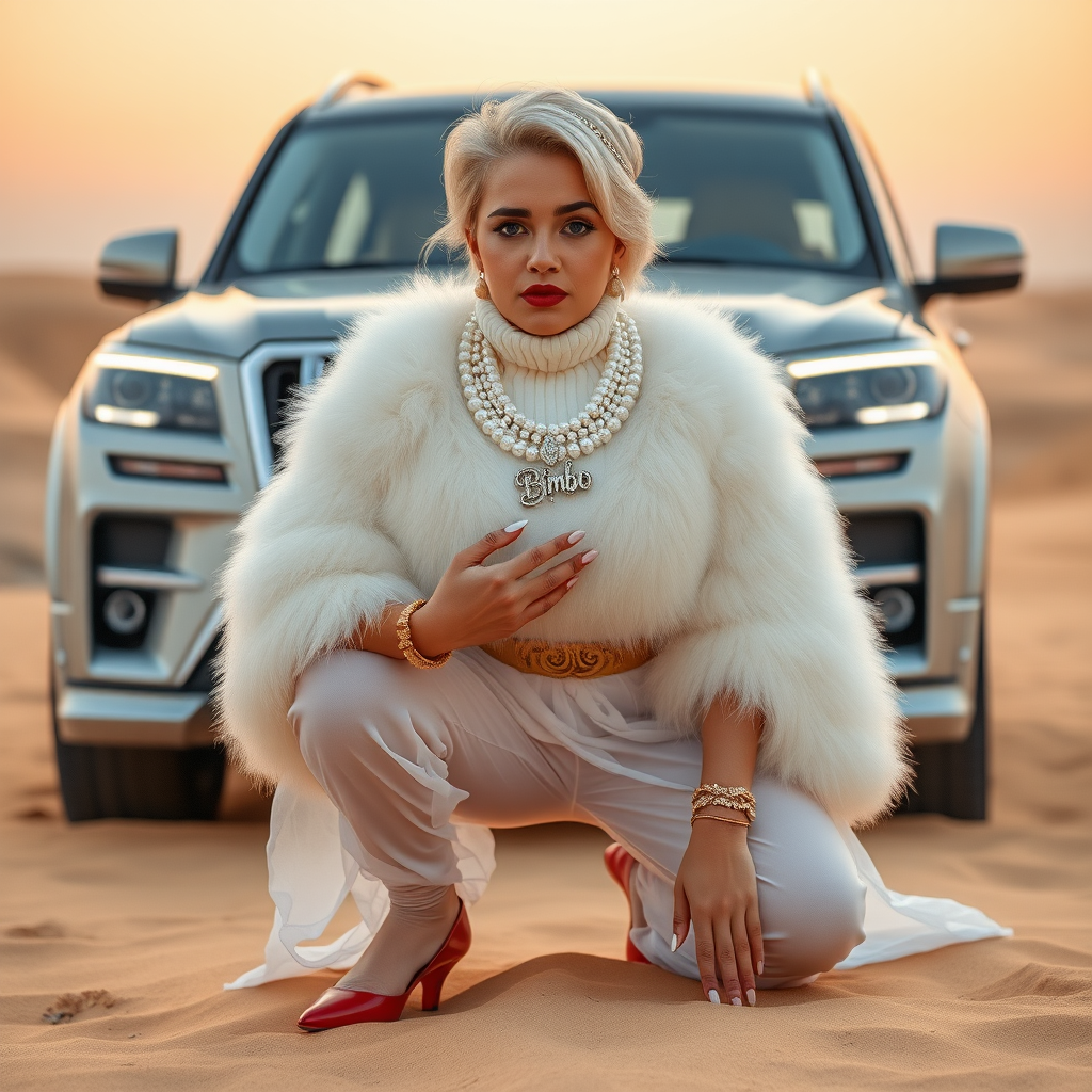 Kuwait desert dunes misty dawn, full size luxury SUV: Melissa, European 17 years old very convincing femboy “trophy-bimbo”, tamed servile docile, very beautiful feminine flawless face, rather short, by hormones very curvaceous womanly figured, platinum blond short tight curls, bold red lips, long white French nails, heavily made-up face, wearing Supertanya-style fluffy very fuzzy bright white angora turtleneck-poncho cropped ending under bust decorated with pearls and glass stones, striking oriental wide gold bridal protection belt, white fully transparent harem pants, bright red pumps with golden very high heels, full Oriental bridal jewelry including headpiece, nose-ring, coin wristlets, coin anklets, striking diamond “Bimbo” letter brooch on left chest, thick heavy pearl wristlets, pearl anklets, pout frustrated, kneeling in sand in front of SUV, looking at camera. Focus on face and turtleneck-poncho.