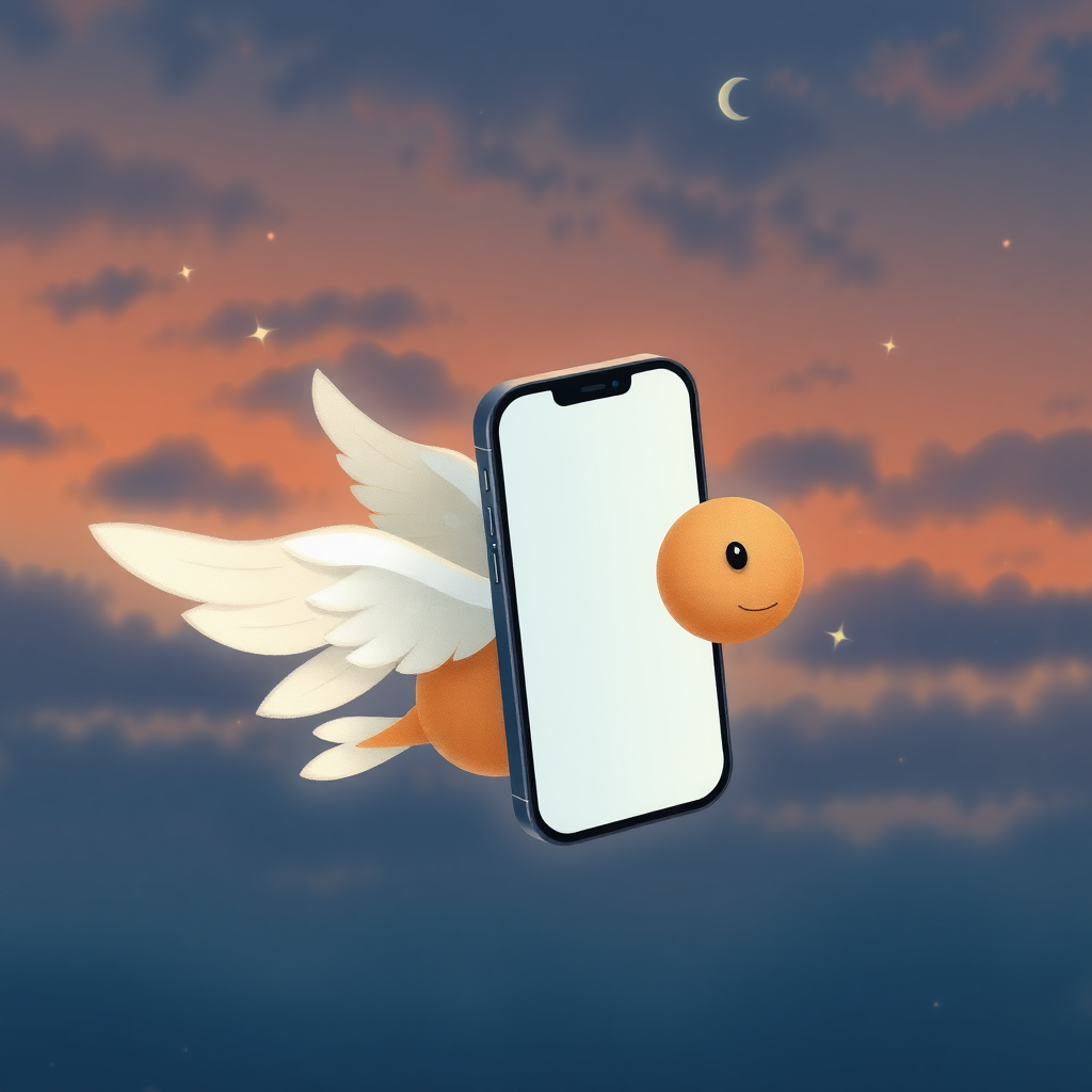 An iPhone with white wings on its back flying through a twilight sky, in the style of a professional children's illustration, lots of detail