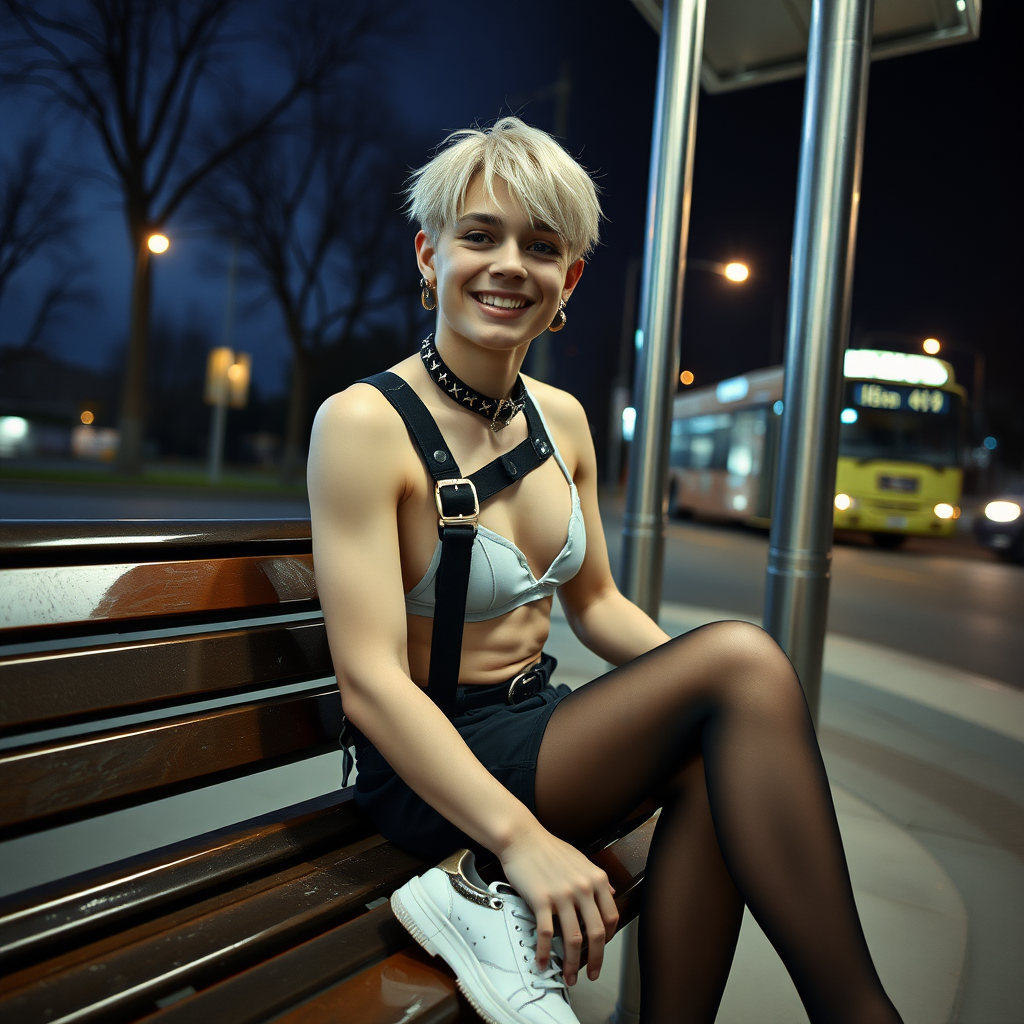 photorealistic, ultra high resolution, 16K, surreal fantasy, studio lighting, a pretty 19 year old goth boy, slim male physique, short blonde hair, goth makeup, earrings, pantyhose, harness, spiky dog collar and leash, trainer-bra, white ballet shoes, sitting on a bench at the bus stop, excited smile, facing the camera.