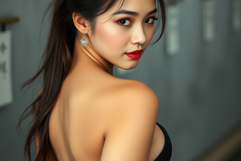 A virtuous Chinese girl has a pair of beautiful breasts, which should be as exposed as possible, but not too large. Her pretty, firm butt is facing me, and her gaze is fixed directly on me.