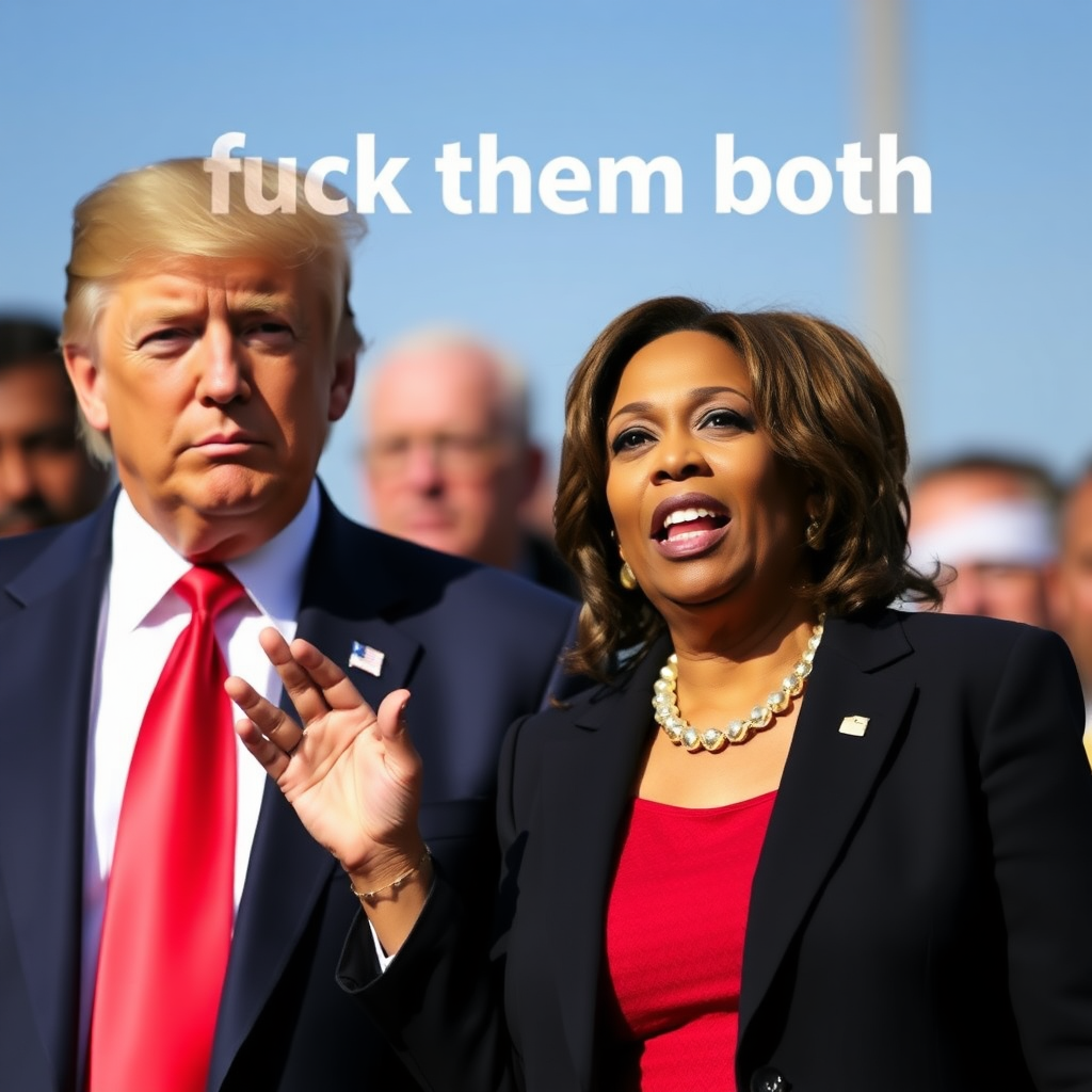 donald trump and kamala harris with caption fuck them both