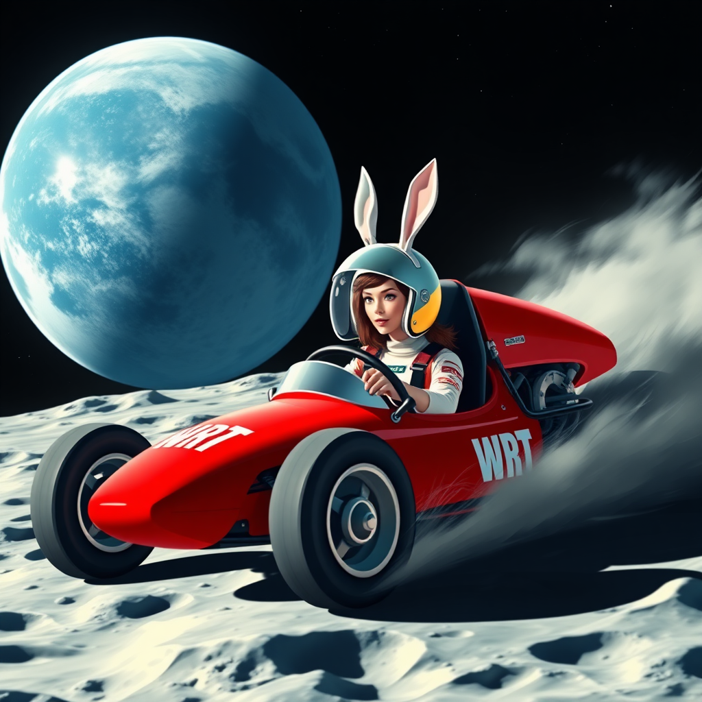 On the surface of the Moon, pocked with many craters, a red lunar race car speeds by. The race car is marked with "WRT," and inside it is a beautiful brunette female racer wearing a full helmet, adorned with upright white rabbit ears. She grips the steering wheel tightly, with the enormous round blue Earth in the background.