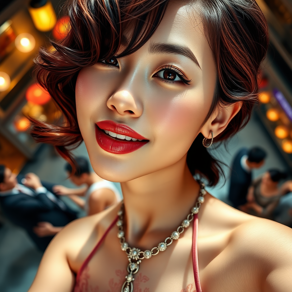 An upper body image of a beautiful Korean woman, multicolored wavy hair, contact lens, and bold eyeliner. She has fake nails, and her lips are shiny and full. The extreme realism focuses on her detailed skin, showing fine textures and natural highlights.

The background is an indoor plaza, with couples dancing to street musicians in public squares.

Her outfit is a retro halter-neck sundress with intricate design, transparent dress.

Subtle skin pores and natural texture on the face and neck, realistic light reflections on the surface of the eyes, slightly raised veins visible under the skin on the neck, subtle veins visible on the eyelids under certain lighting, realistic reflection of light on the glossy lips, following their curvature, soft reflections on the necklace, enhancing its metallic look, soft shadows under the lower lip, enhancing depth and form, slight noise effect to add texture and realism to the image, a slight sheen of sweat or natural skin oil to areas like the forehead and nose. Apply subsurface scattering to the skin to simulate the way light penetrates and scatters within it, enhancing realism.

Leaning back slightly, overhead shot from selfie, with a big, open-mouthed smile.