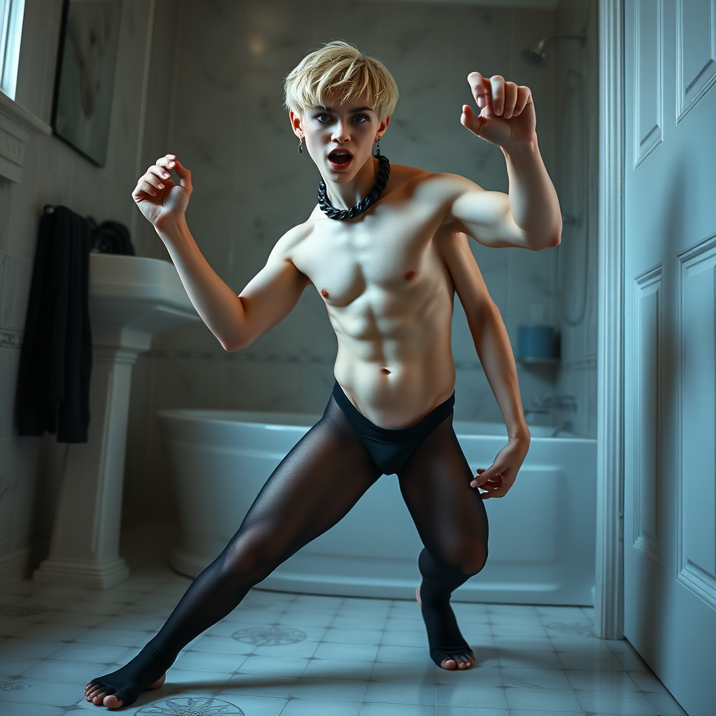 photorealistic, ultra high resolution, 16K, surreal fantasy, soft studio lighting, Caleb Swift is a pretty 16 year old goth male, slim male physique, blonde hair, blue eyes, goth makeup, earrings, sheer black pantyhose, spikey neck collar with chain, standing on the floor of the bathroom striking a pose as Michelangelo's "David" sculpture, excited mouth, bulging manhood, full body front view from side with Caleb facing the camera.