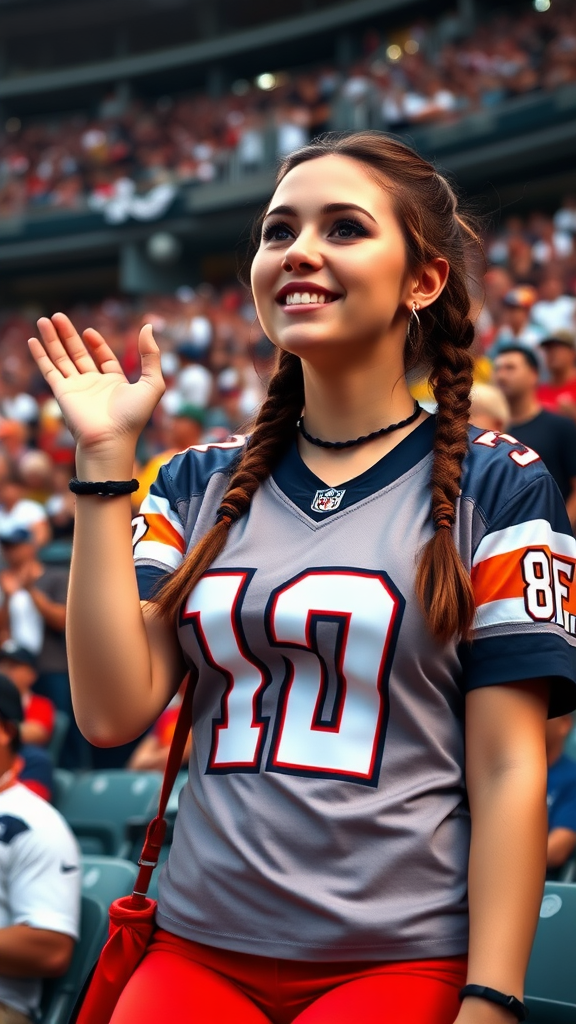 Very attractive female NFL fan, huge chest, jersey, cheering, leaning forward, pigtail hair, crowded stadium bleacher row