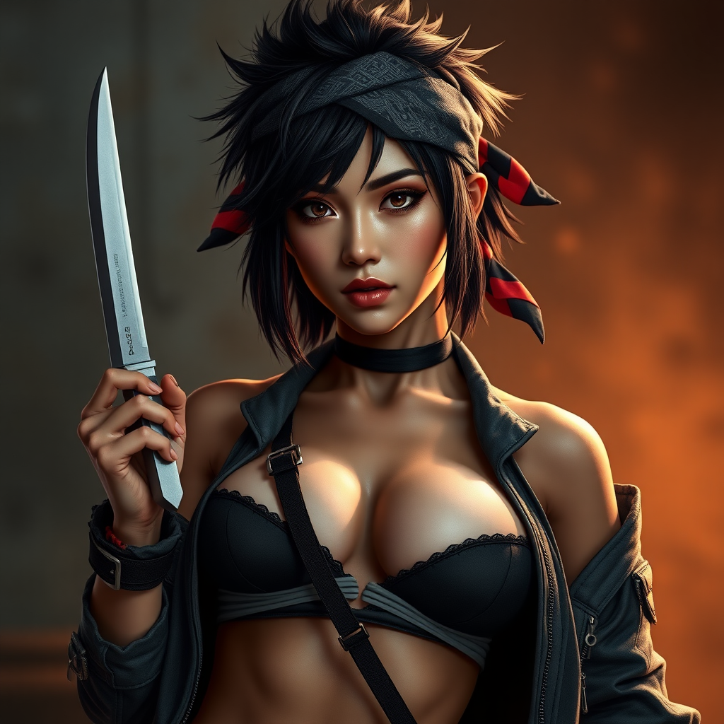 realistic photograph, sexy female bandit, spiky hair, bandana, holding knife, Japanese-Brazilian mixed race, open jacket revealing cleavage, beautiful face, captivating eyes, large breasts, arched back pose, treasure