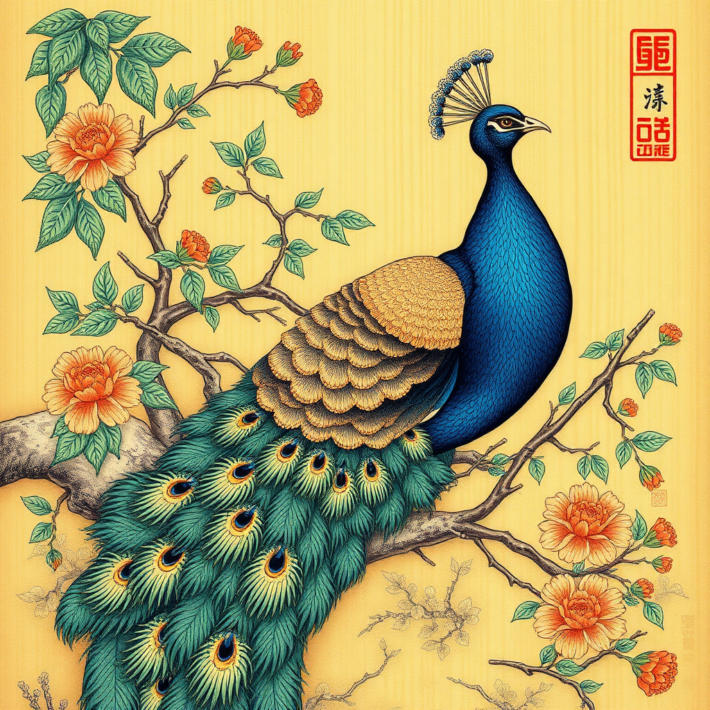 A peacock, Chinese woodcut