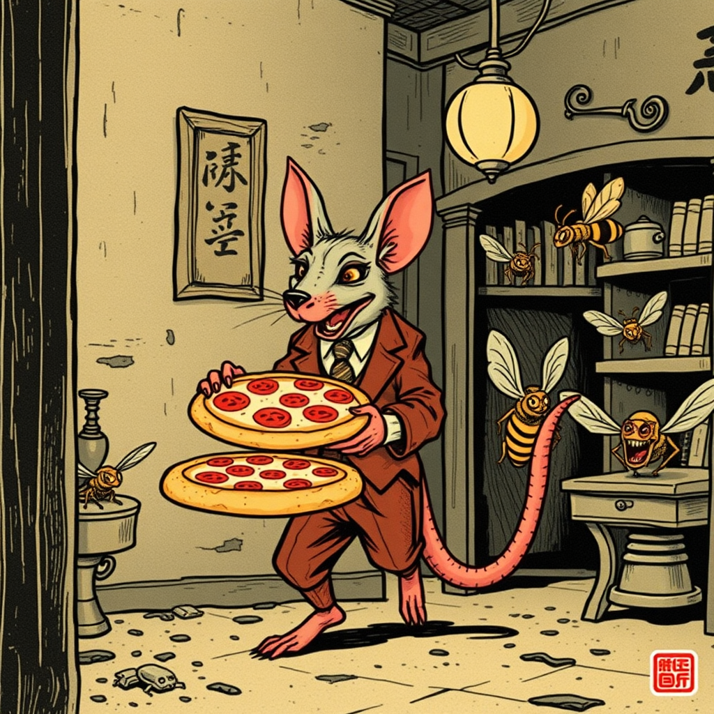 A well dressed handsome rat demon delivering pizza to angry bees in a decayed apartment, Chinese woodcut