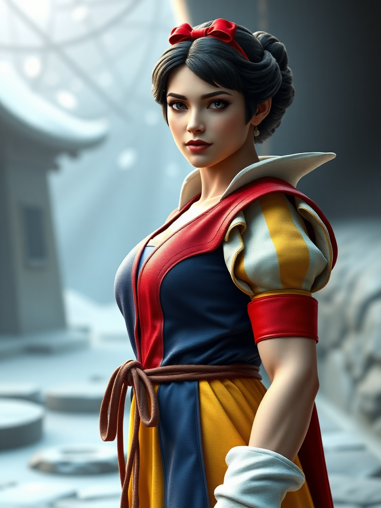 Create a hyper-realistic full-length render of Snow White, featuring the head intact but with the body type of Ryu from Street Fighter. Modify the body structure and silhouette to reflect Ryu's muscular physique and gender. Alter Snow White's iconic costume to fit this new body type while maintaining recognizable elements. The background should be a suitable setting that complements both characters, blending fairy-tale elements with a slightly more dynamic, action-oriented environment. Focus on realism in textures, proportions, and lighting for a striking visual presentation.