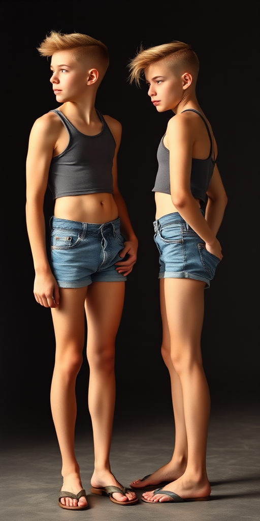 photorealistic, ultra high resolution, 16K, two skinny teen boys wearing crop thin tank top, denim tight booty shorts, long legs, bare thighs, long hairs bow cut. Full length side view. Vintage photo, 1950s.