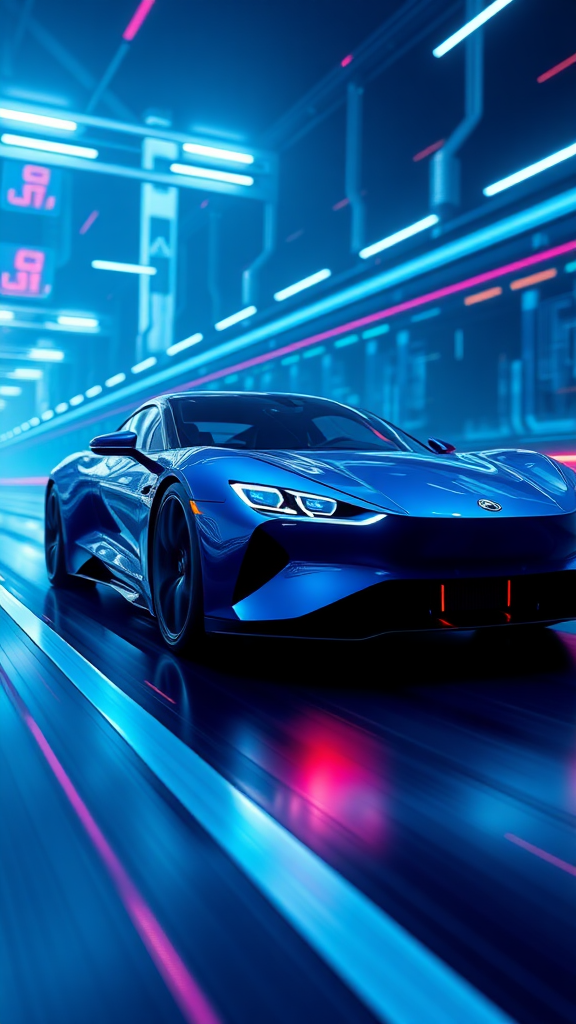 Make a realistic 3D rendering of an electric car racing in cyberspace. Make the background cyber-like and the "electric sparks" look luxurious. Make the overall color dark blue and draw it with a neon sign feel.