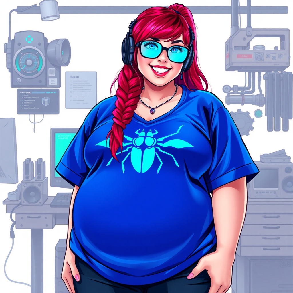 A cyberpunk vigilante’s full-figured intelligent and tech-savvy 29-year-old girlfriend, who is a computer hacker and tech genius. She has a long ruby red ponytail and bright blue eyes. She wears a sapphire beetle gemstone necklace, and an oversized maximum blue t-shirt featuring a giant neon blue glowing icon of a beetle on its chest. She has a full-figured physique with a prominent, gargantuan, round midsection, reflecting her well-cared-for lifestyle. The midsection is heavily emphasized. She sports a sapphire headset with hi-tech maximum turquoise lensed HUD visor, black eyeglasses, and a beaming smile with a passionate bright red blush. Despite her figure and a lack of self-esteem, she radiates an air of beauty. She has a slim face which contributes to her radiant beauty. She serves as his tech expert from his hideout, dutifully working at her workshop with a computer desk and tool bench. The background is solid white. She is drawn as if she was in a retro 2D cyberpunk fighting game. Ensure her shirt covers her round midsection.