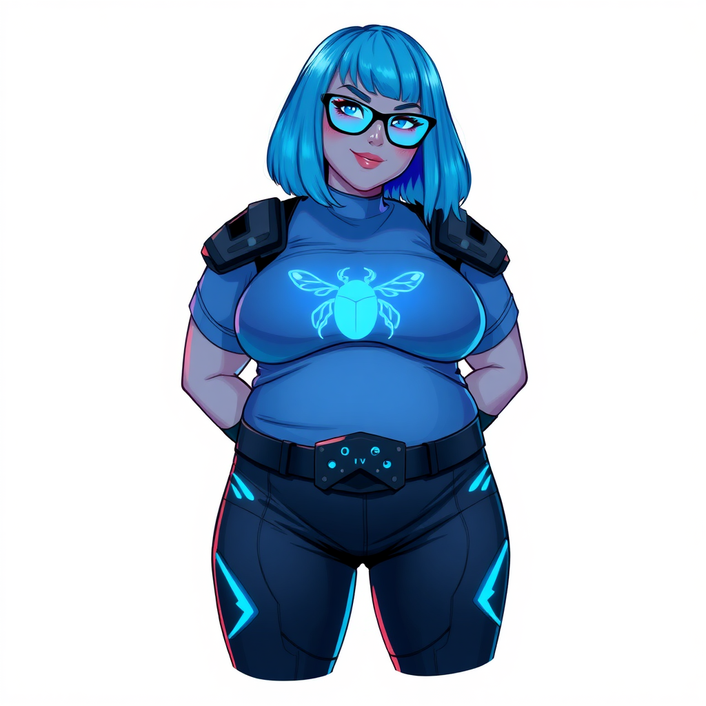 A 28-year-old, full-figured, middle gray-skinned computer program hybrid with a striking maximum blue bob cut. She has a non-athletic build, highlighted by a prominent, round, gigantic midsection (with heavy emphasis on her belly) that showcases the results of her pampering. As the cherished digital sidekick to her cyberpunk vigilante boyfriend, her middle gray metallic skin and maximum blue lipstick emphasize her digital essence. She dons a digital, computerized costume featuring a large, tight-fitting, maximum blue t-shirt with a neon blue glowing beetle icon on the chest, hi-tech shoulder pads with neon blue accents, a black hi-tech belt with a digital neon blue glowing beetle buckle, and digital maximum blue biker pants with neon blue accents. Her look is completed with black hi-tech fingerless biker gloves with neon blue glowing accents. Her neon blue glowing eyes, black eyeglasses with a neon blue glowing HUD built into the lenses, and a shy smile with neon red blush highlight her nerdy charm. She stands bashfully with her hands behind her back, her costume covering all her skin and emphasizing her full-figured physique, especially her belly. Despite her non-athletic build, she radiates beauty. Her slim face contrasts with her physique, accentuating her radiant beauty. She is depicted on a solid white background. She is drawn as if she were in a retro 2D cyberpunk fighting game.