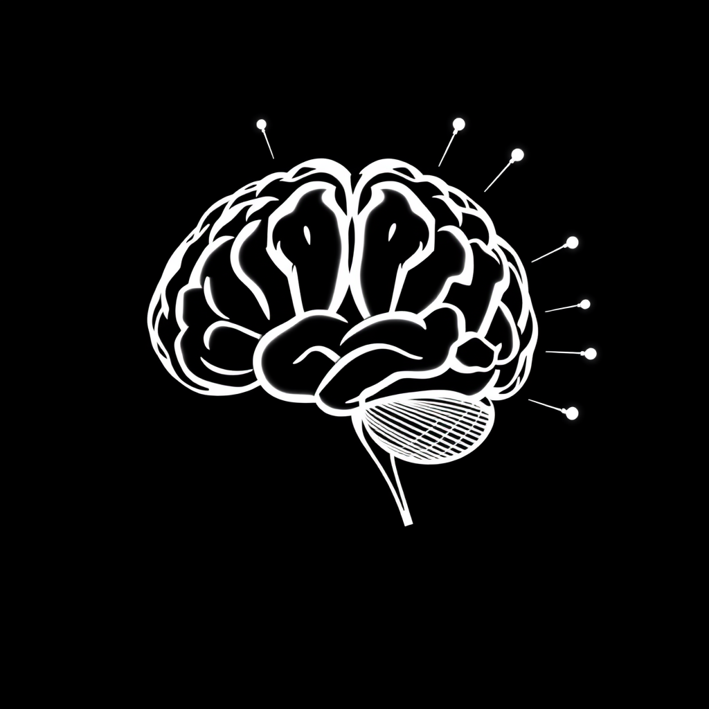 Solid White AI Brain Thinking Clip Art Image Showing Computer Power & Innovation On Solid Black Background No Shading, No Fading, No Broken Lines