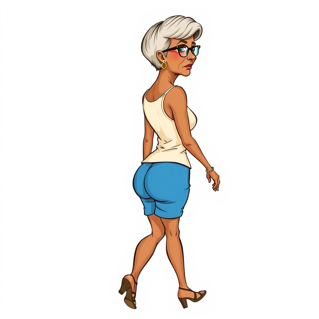 55 Years old, European, Latina, sharp aquiline nose, wrinkles, high cheekbones, Middle Eastern, Skinny, Tanned skin, Dark light skin, Rounded Medium breasts, Skinny thighs, round ass, full Makeup, jewelry, Serious face, Sharp nose, blushing, Ash hair, short bowl haircut, Brown eye color, Glasses, with detailed features. swaying hips, She is walking away, back side view, she is looking over her shoulder, she is wearing a cream tight tank top and tight blue ruched shorts, visible panty line, detailed fabric. full body, high heels sandals, long establishing shot, 2D, caricature, cartoon, Sketch lines, coloring book, coloring book style on white background, well composed, clean coloring book page, No dither, no gradient, strong outline, No fill, No solids, vector illustration, movement lines. realistic proportions