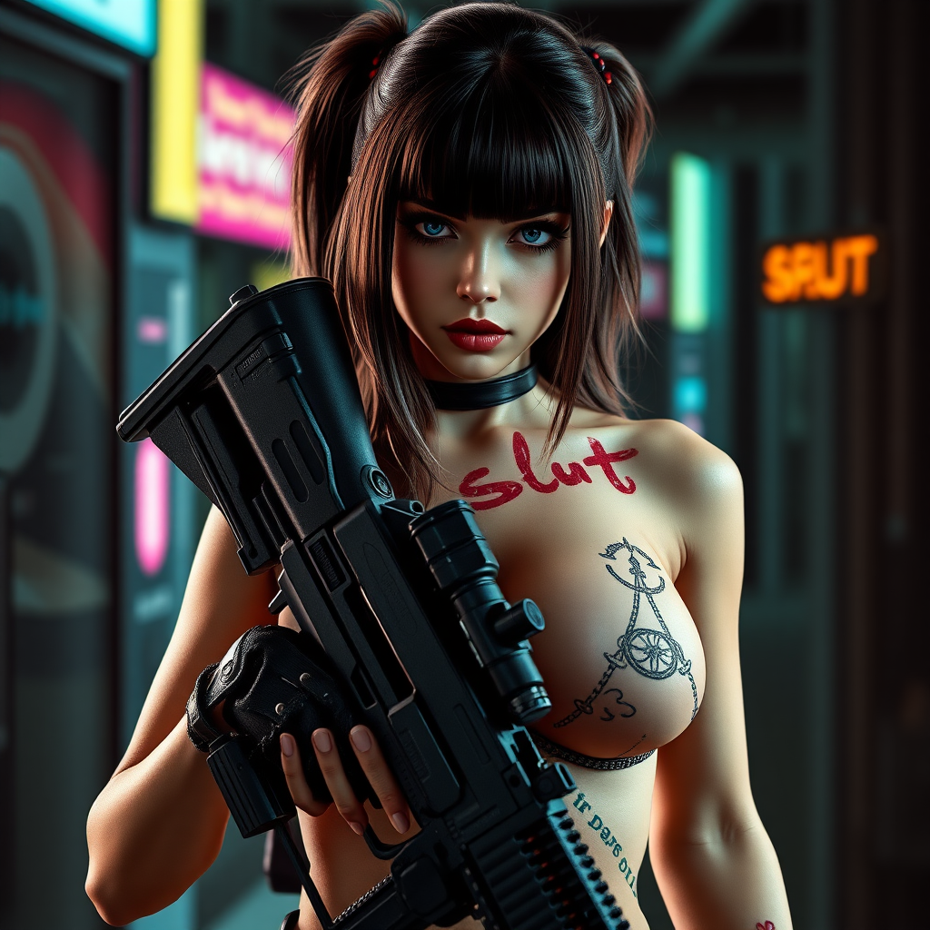 Real detailed full body photo of Sexy cyberpunk waifu, real life, “slut” written in lipstick on her skin, she is holding a huge gun