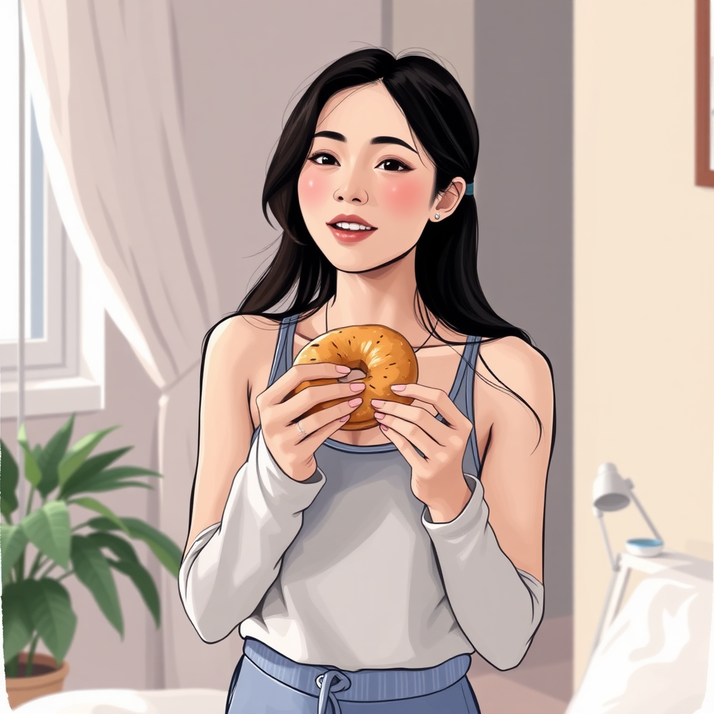 Please depict a scene of a 20-something Korean woman coming home after working out and eating a bagel.