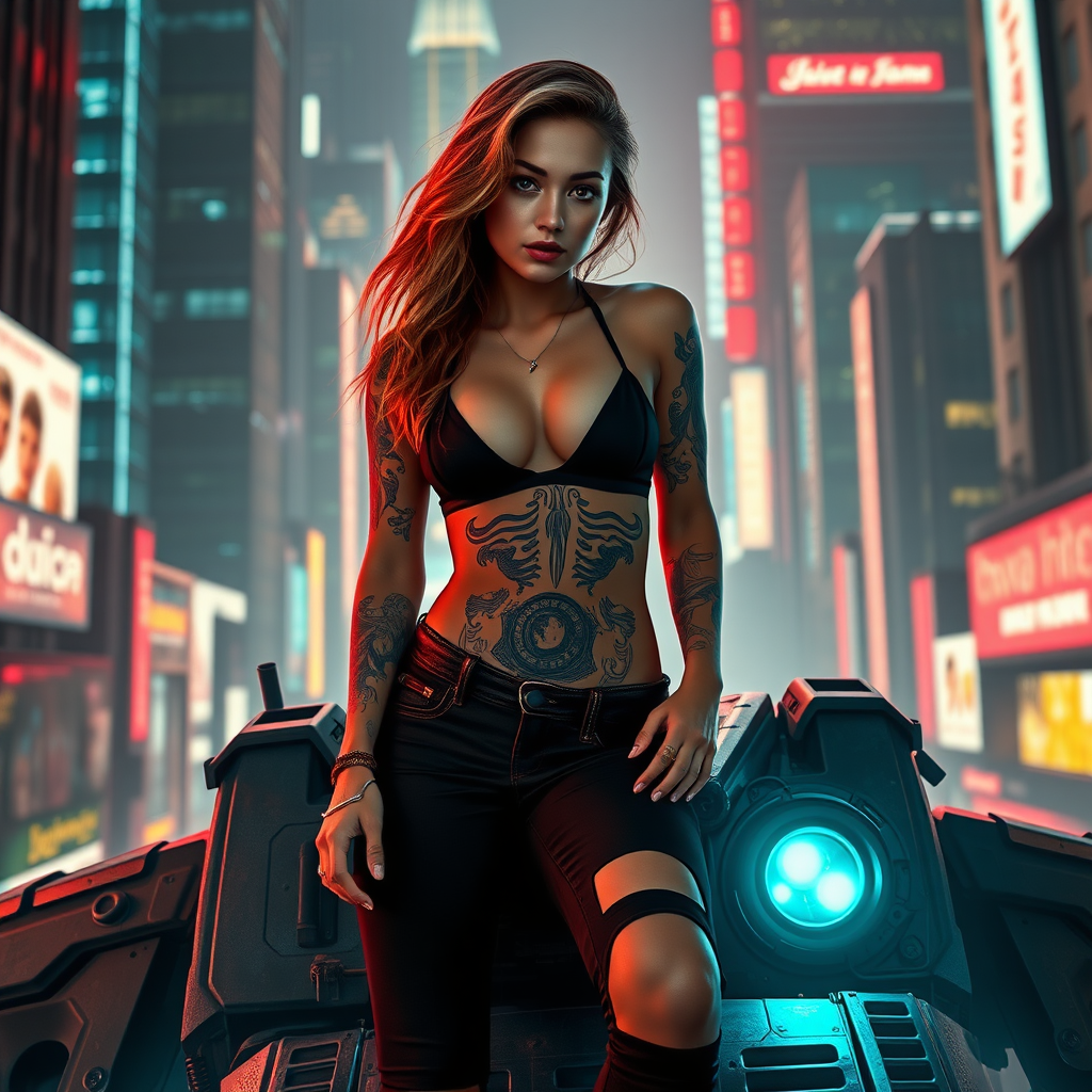 A woman like Ana de Armas (young, tattoos, athletic, strawberry blonde hair) standing on top of a battlemech inside a modern neon city.