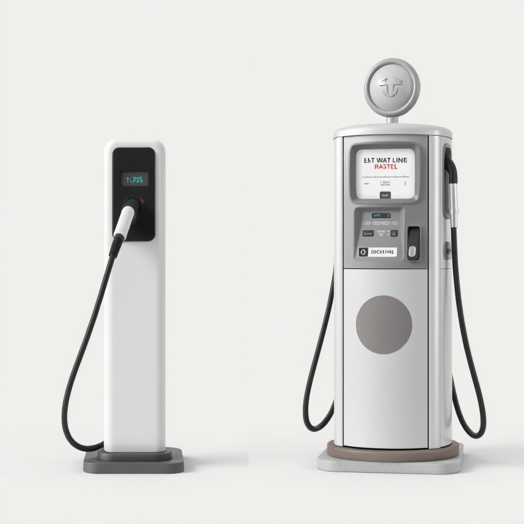 Create a digital illustration or photomontage showing an EV charger on the left side of the frame and a traditional gas pump on the right side. The two elements should be positioned in a balanced, symmetrical composition. The EV charger should have a modern, sleek design with a charging cable extending from it. The gas pump should have a classic, retro-style appearance. The background should be a neutral, minimalist setting to allow the two focal elements to stand out. The overall image should convey a sense of the transition from fossil fuel-powered vehicles to electric vehicles.