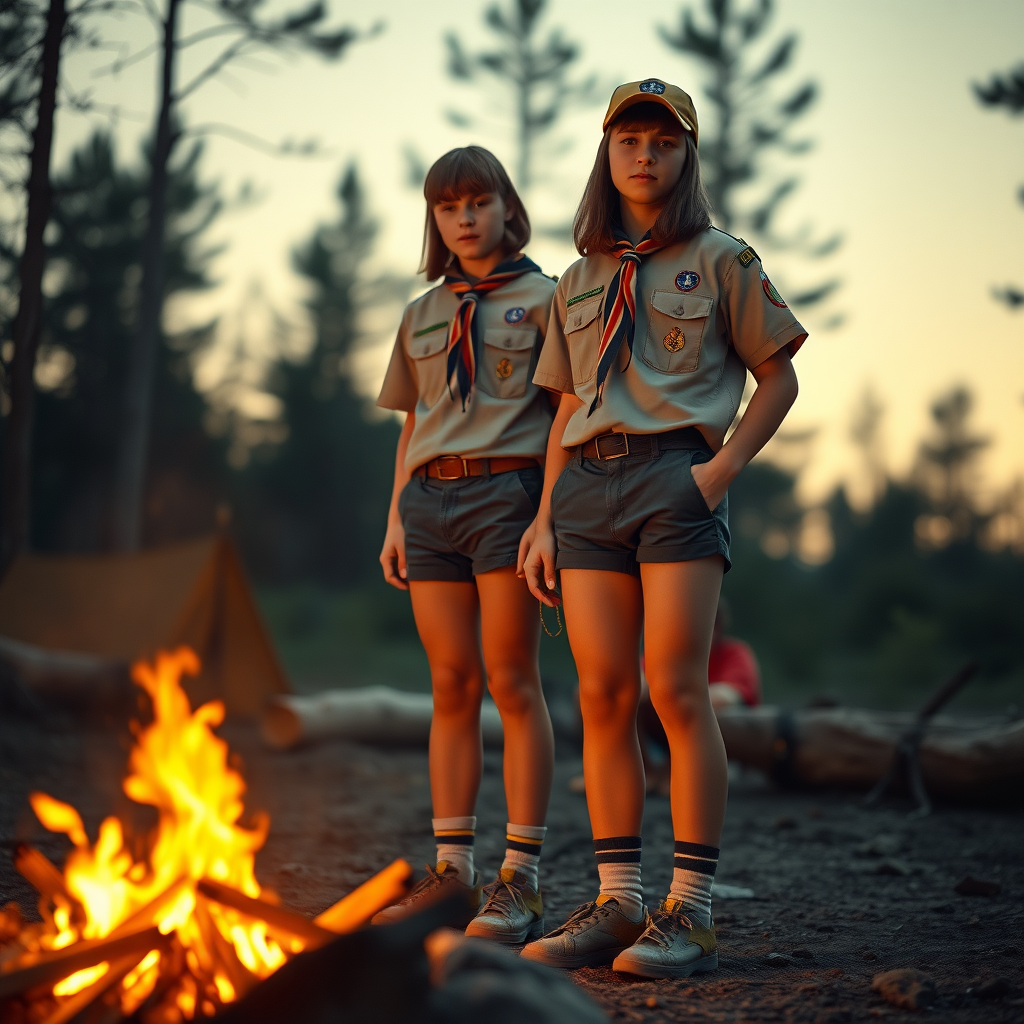 two tall 14yo teen boys, long bob cut, wearing American boy scout uniform with uniform matching very tight booty shorts, tube socks, shoes, cap, long legs, narrow thighs. a campfire. full-length view. 1980s. photorealistic, ultra high resolution, 16K, Negative: grainy, blurry, bad anatomy, extra limbs, watermark.