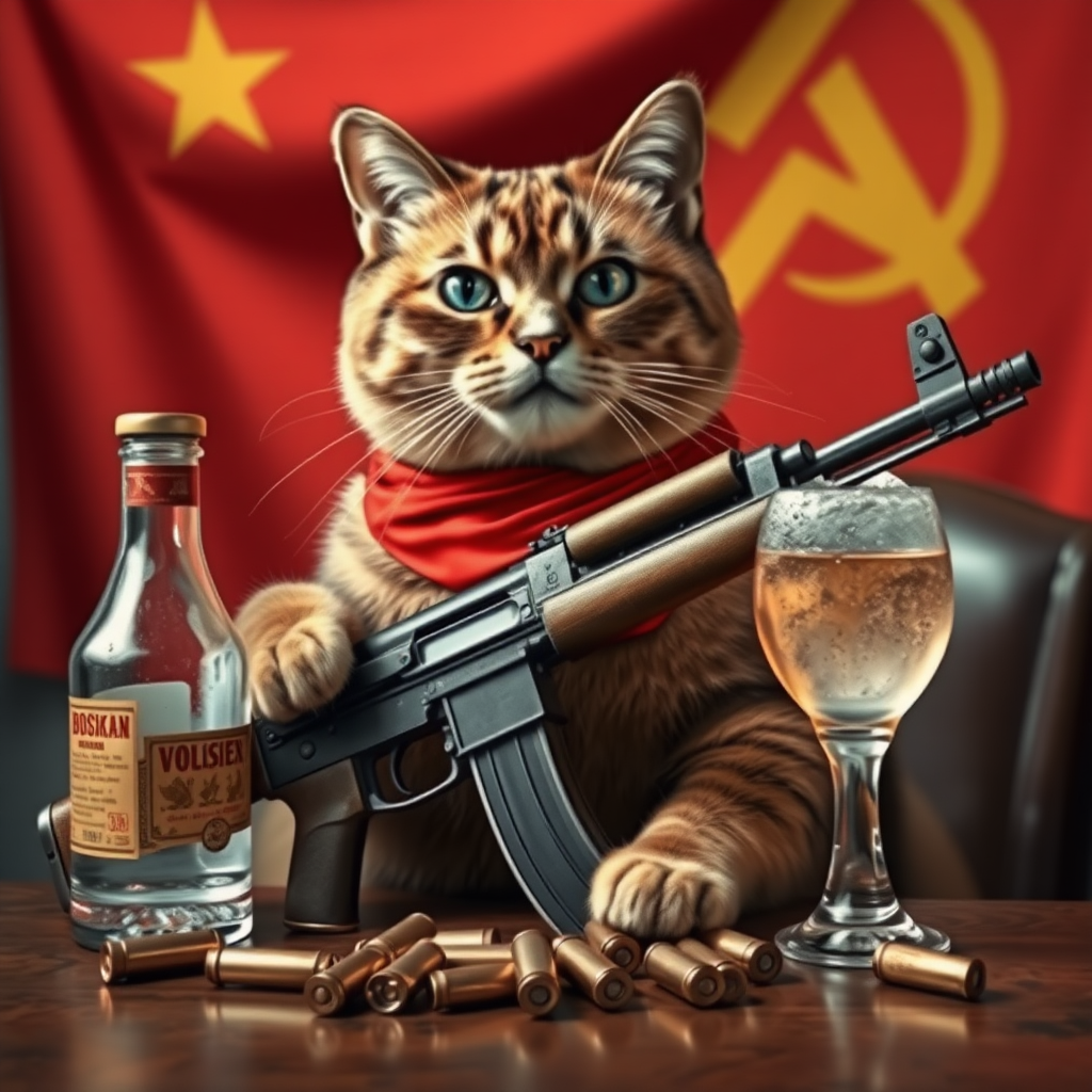 Soviet communist cat with an AK-47 and vodka and a Soviet flag behind a table with bullet casings on it.