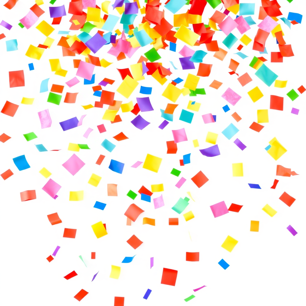 A high-resolution, image of lots of big, colorful confetti pieces falling in the air, plain white background, clean, professional look, stock photo