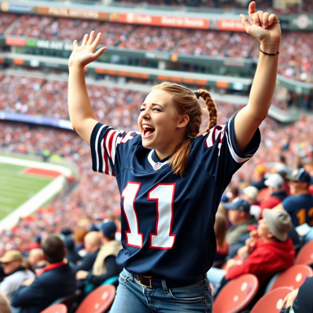 Attractive female NFL fan, pigtail hair, jersey, hollering, arms raised, jumping in crowded bleacher row, NFL stadium