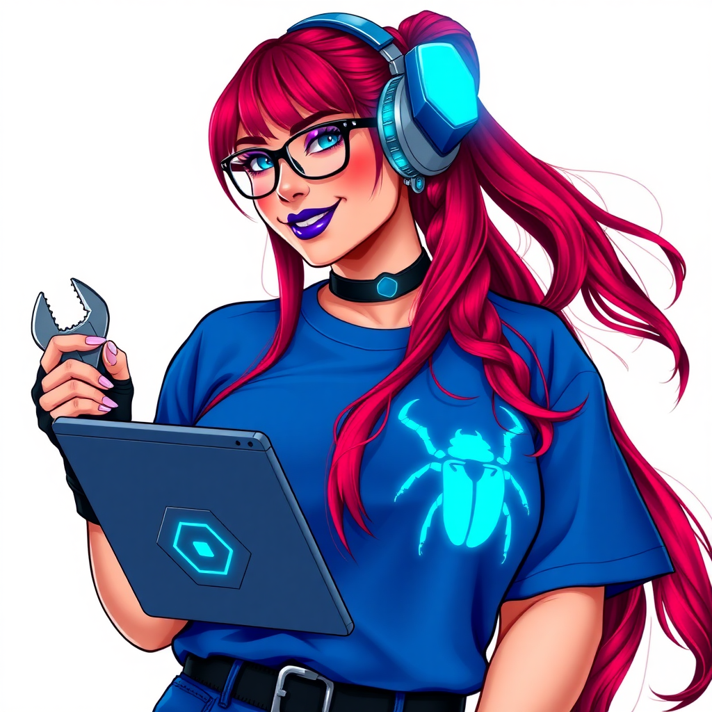 An intelligent and tech-savvy 28-year-old computer hacker and tech genius. She has a long ruby red ponytail. She wears maximum blue lipstick, blue eyes, a sapphire beetle gemstone necklace, sapphire earrings, black eyeglasses, hi-tech power gloves, and an oversized maximum blue t-shirt featuring a neon blue glowing beetle chest icon. She has a gargantuan full-figured physique with a prominent round gargantuan midsection, reflecting her well-cared-for lifestyle. She sports a sapphire headset with a hi-tech maximum turquoise lensed HUD, and a beaming smile accentuated by a passionate neon red blush. She serves as his tech expert from his hideout, holding a futuristic tool wrench and a futuristic digital tablet. The background is solid white. She is drawn as if she was in a retro 2D cyberpunk fighting game.